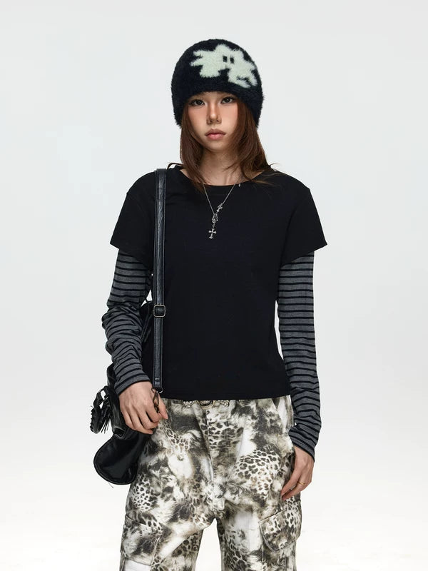 Faux Two-Piece Striped Patchwork Long-Sleeve T-Shirt 2