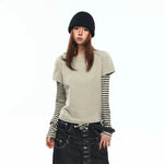 6192328634156,6192328634157,6192328634158,6192328634159, Faux Two-Piece Striped Patchwork Long-Sleeve T-Shirt