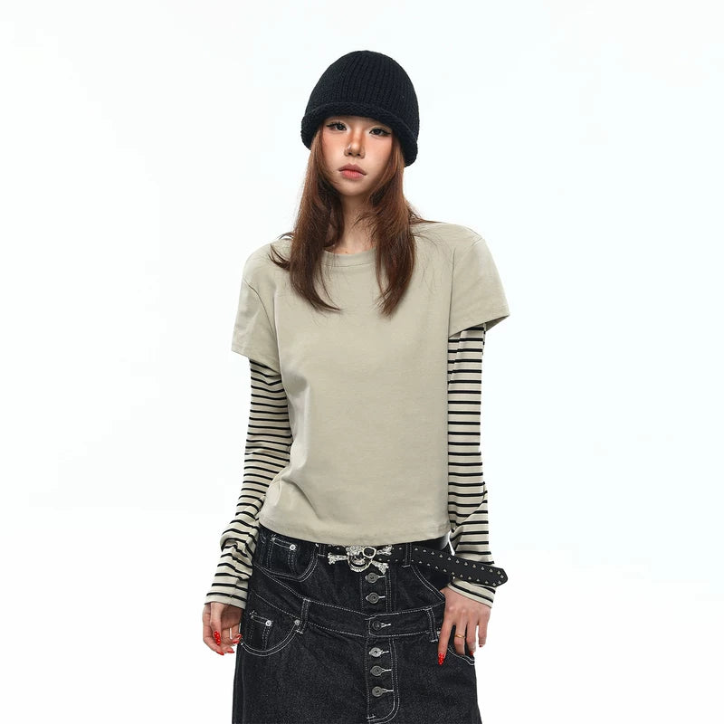 6192328634156,6192328634157,6192328634158,6192328634159, Faux Two-Piece Striped Patchwork Long-Sleeve T-Shirt