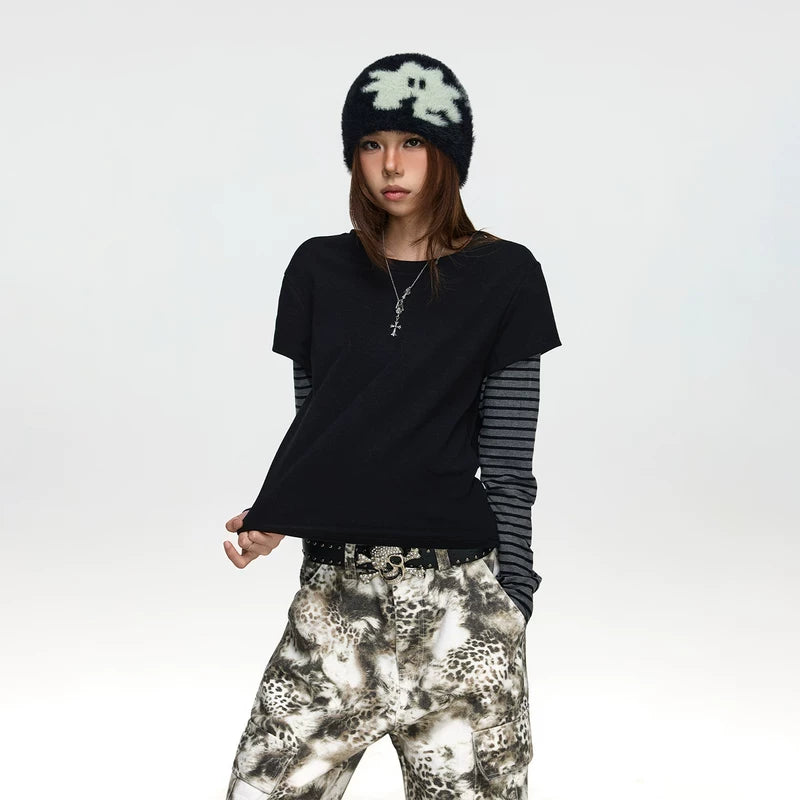 6192328634160,6192328634161,6192328634162,6192328634163, Faux Two-Piece Striped Patchwork Long-Sleeve T-Shirt