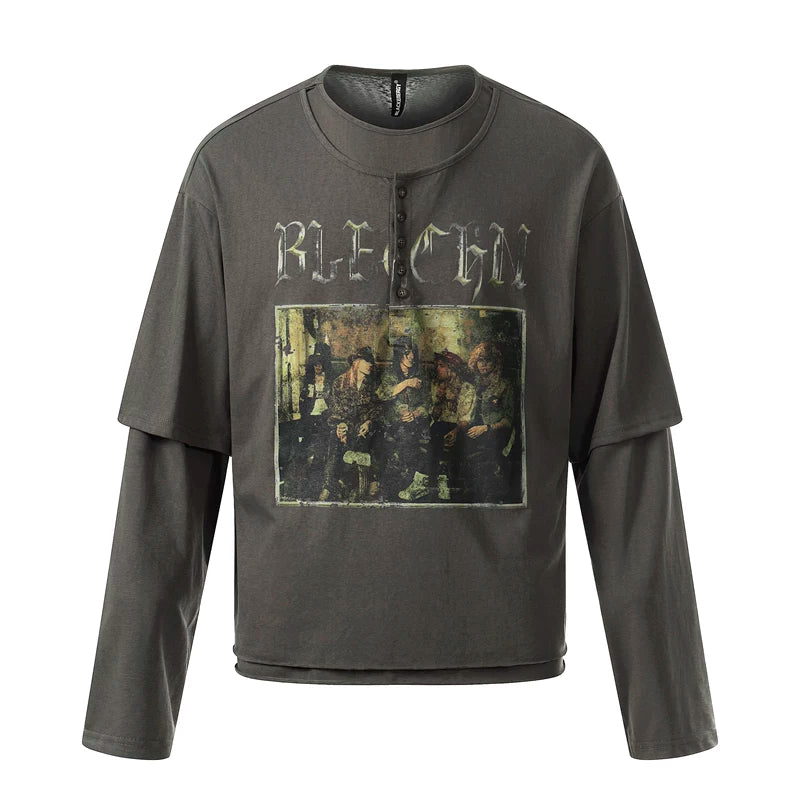 6032815985004,6032815985005,6032815985006,6032815985007, Faux Two-Piece Vintage Graphic Henley T-Shirt