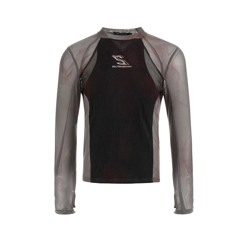 5768857060904,5768857060905,5768857060906,5768857060907, Fitted Mesh Patchwork Long-Sleeve T-Shirt