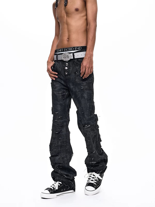 Five-Button Ripped Straight Leg Denim Pants 2