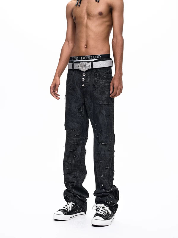 Five-Button Ripped Straight Leg Denim Pants 3