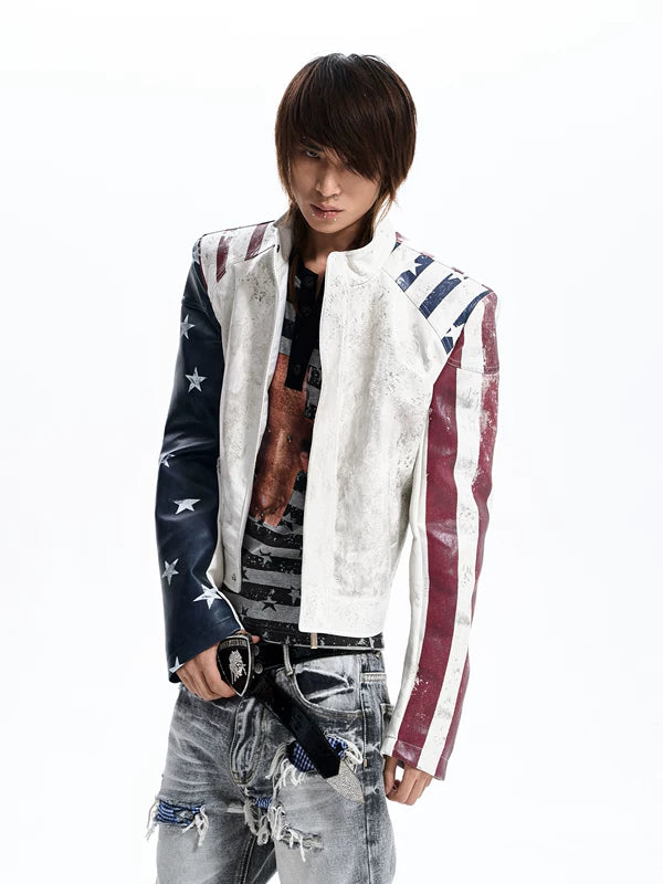 Flag Print Stand Collar Leather Jacket 1