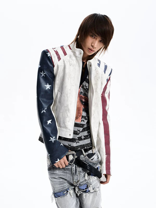 Flag Print Stand Collar Leather Jacket 2