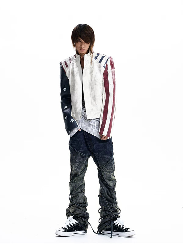 Flag Print Stand Collar Leather Jacket 3