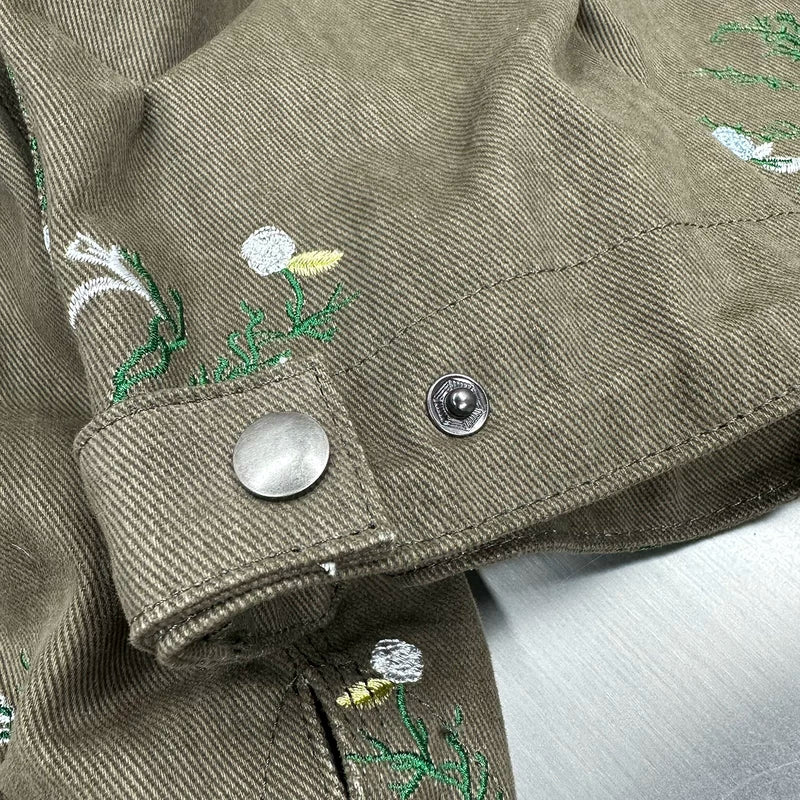 Floral Embroidered Denim Jacket with Leather Collar 5