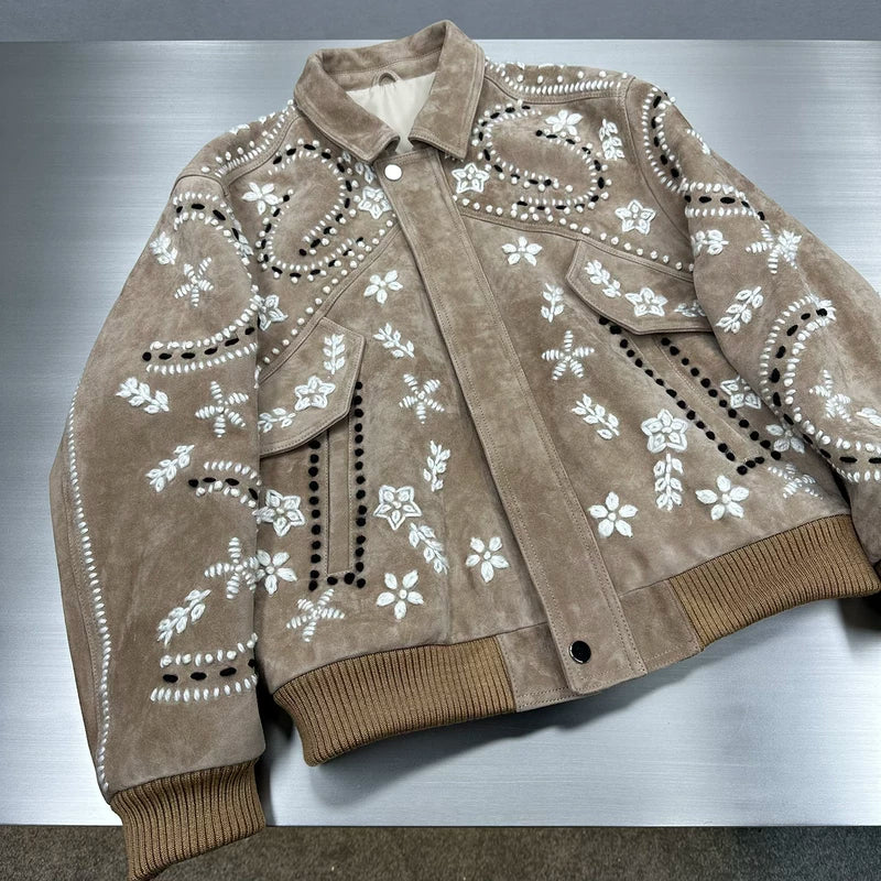 Floral Embroidered Suede Sheepskin Jacket 2