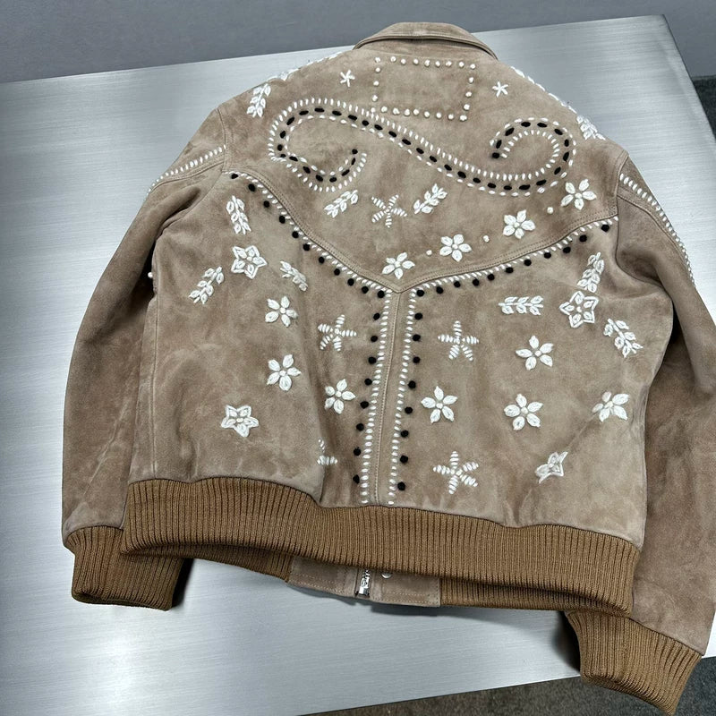 Floral Embroidered Suede Sheepskin Jacket 4