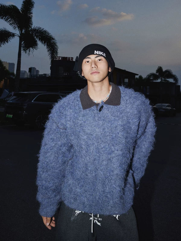 Fluffy Knit Polo Sweater Loose Fit 4