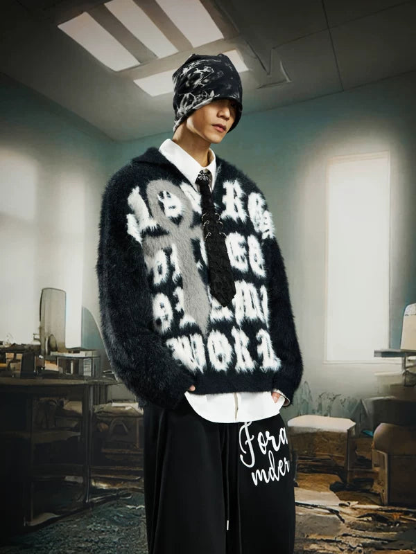 Fuzzy Graphic Knit Crew Neck Sweater 1
