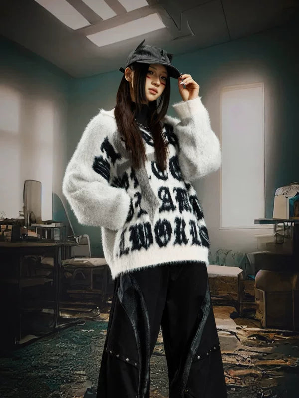 Fuzzy Graphic Knit Crew Neck Sweater 2