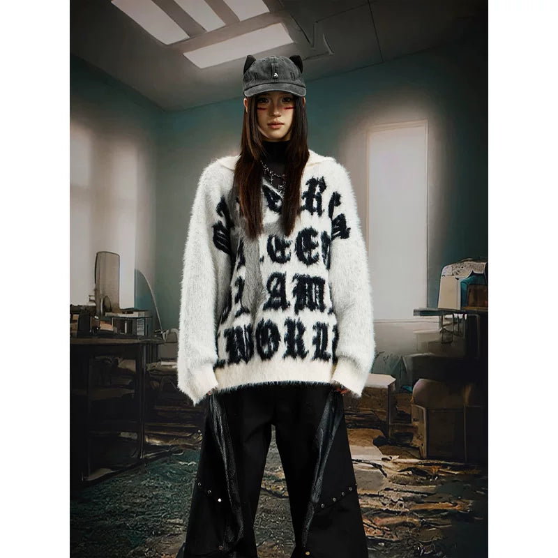 6115778226781,6115778226782,6115778226783,6115778226784, Fuzzy Graphic Knit Crew Neck Sweater