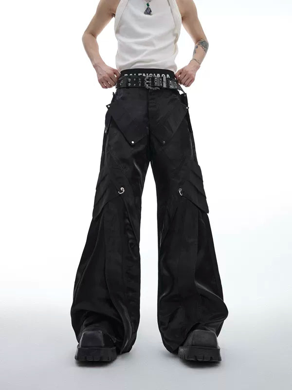 Glossy Deconstructed Flared Pants With Buckles 1