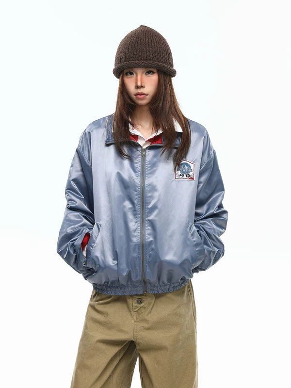 Glossy Nylon Embroidered Patch Bomber Jacket 1