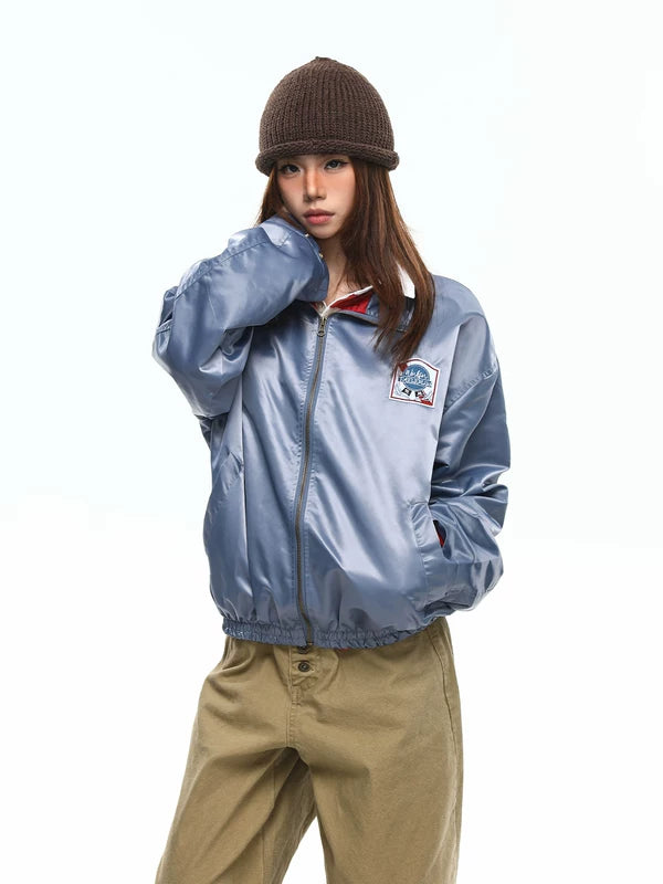 Glossy Nylon Embroidered Patch Bomber Jacket 2