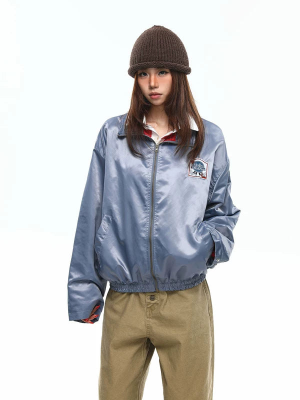Glossy Nylon Embroidered Patch Bomber Jacket 3