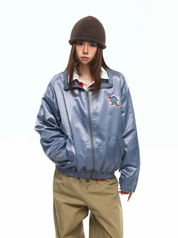 Glossy Nylon Embroidered Patch Bomber Jacket 4