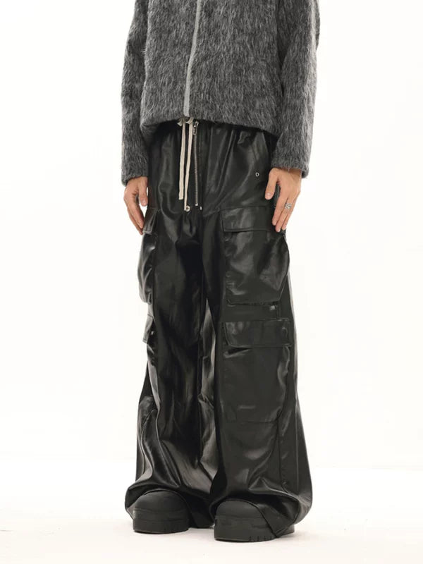 Glossy Wide-Leg Cargo Leather Pants 1