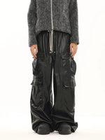 Glossy Wide-Leg Cargo Leather Pants 2