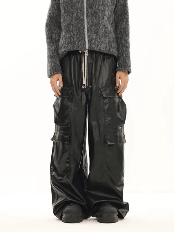 Glossy Wide-Leg Cargo Leather Pants 2