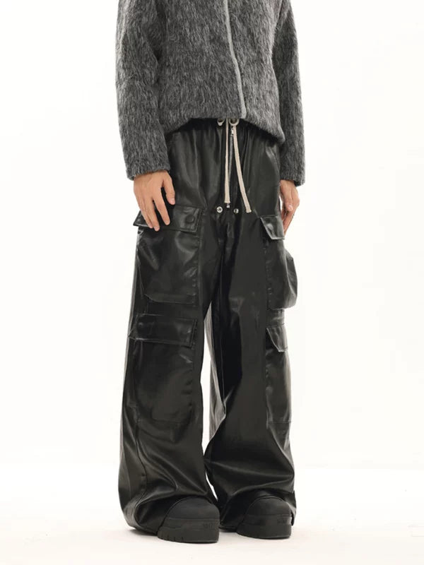 Glossy Wide-Leg Cargo Leather Pants 3
