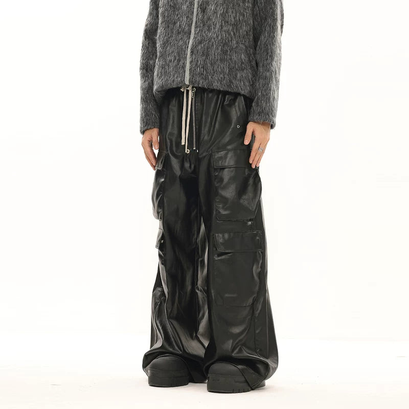 5186767921734,5186767921735,5186767921736,5186767921737, Glossy Wide-Leg Cargo Leather Pants