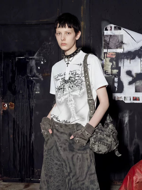 Gothic Cross Graphic Waffle Knit T-Shirt 1