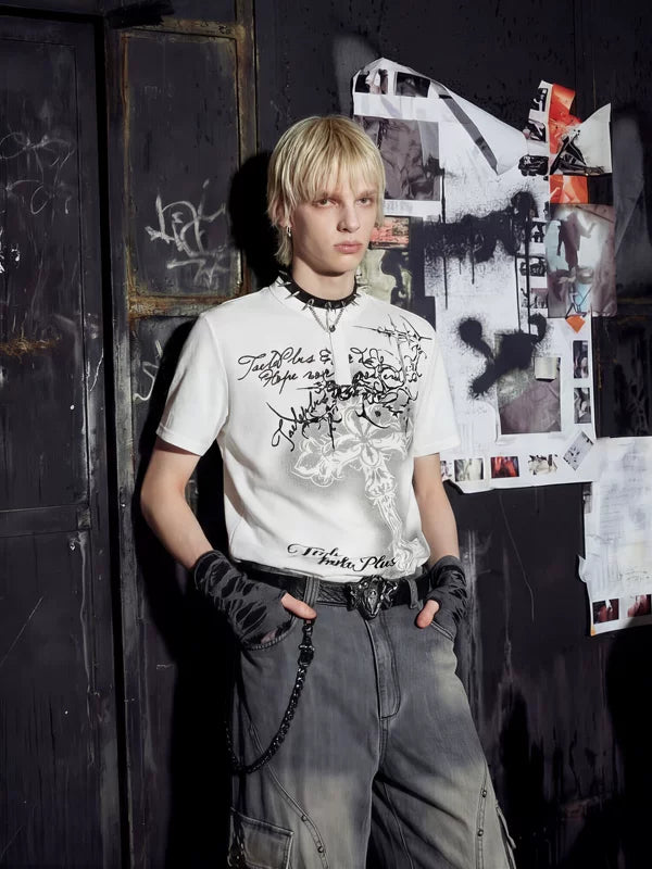 Gothic Cross Graphic Waffle Knit T-Shirt 2