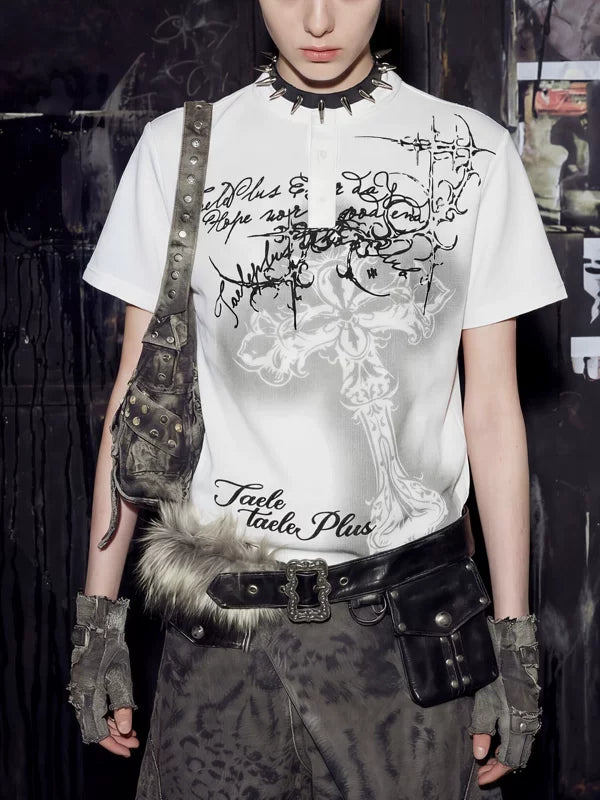 Gothic Cross Graphic Waffle Knit T-Shirt 3