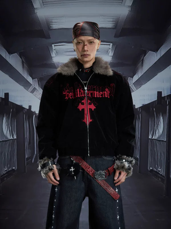 6151054922421,6151054922422,6151054922423, Gothic Embroidered Fur Collar Winter Jacket