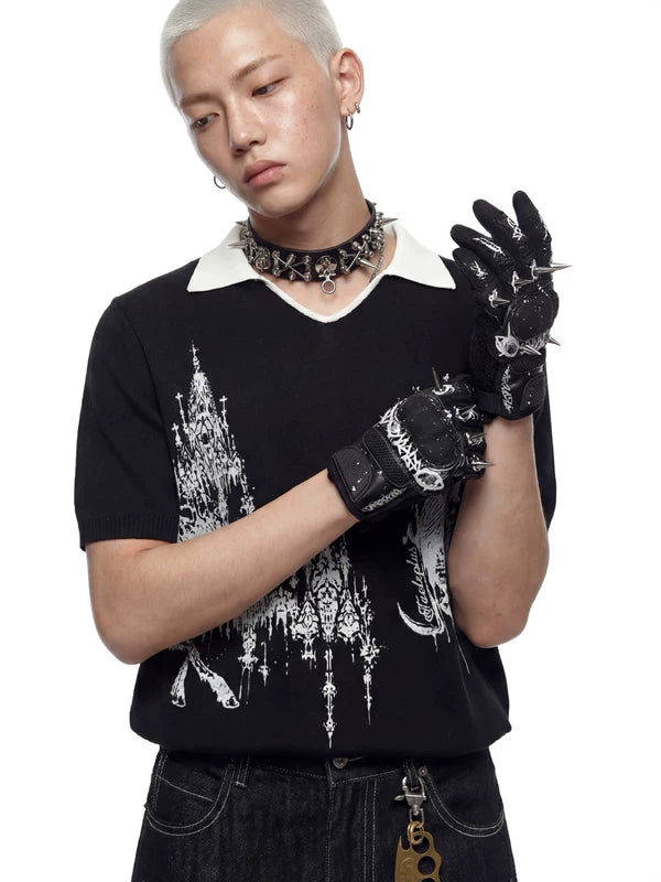 Gothic Print V-Neck Knit T-Shirt 1