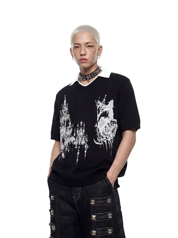 Gothic Print V-Neck Knit T-Shirt 2