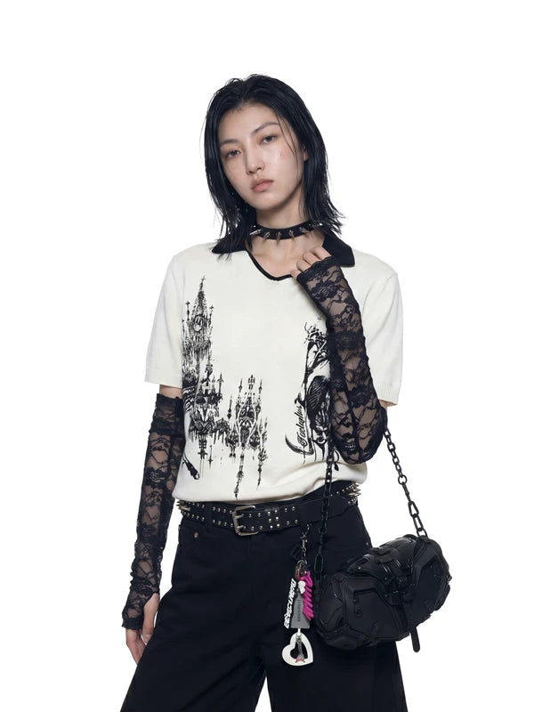 Gothic Print V-Neck Knit T-Shirt 3