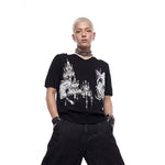 6241689242108,6241689242109,6241689242110,6241689242111, Gothic Print V-Neck Knit T-Shirt