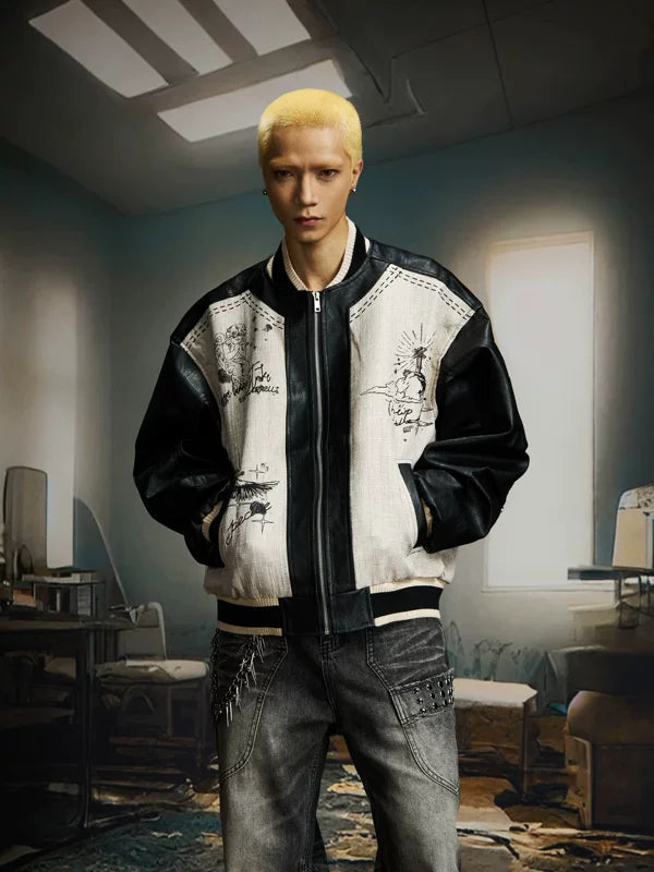 Graffiti Patchwork PU Baseball Jacket 1