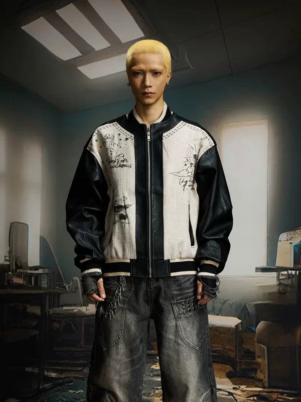 Graffiti Patchwork PU Baseball Jacket 2
