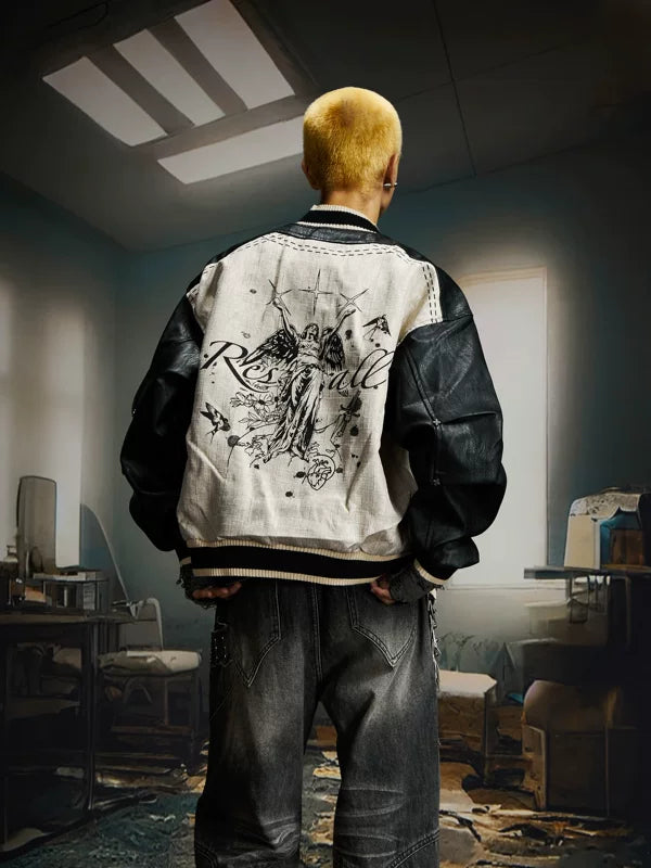Graffiti Patchwork PU Baseball Jacket 3
