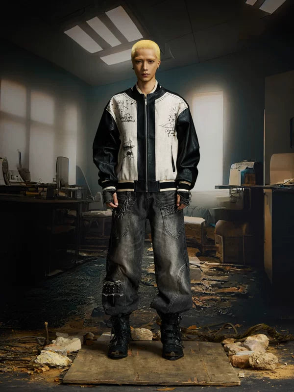 Graffiti Patchwork PU Baseball Jacket 4