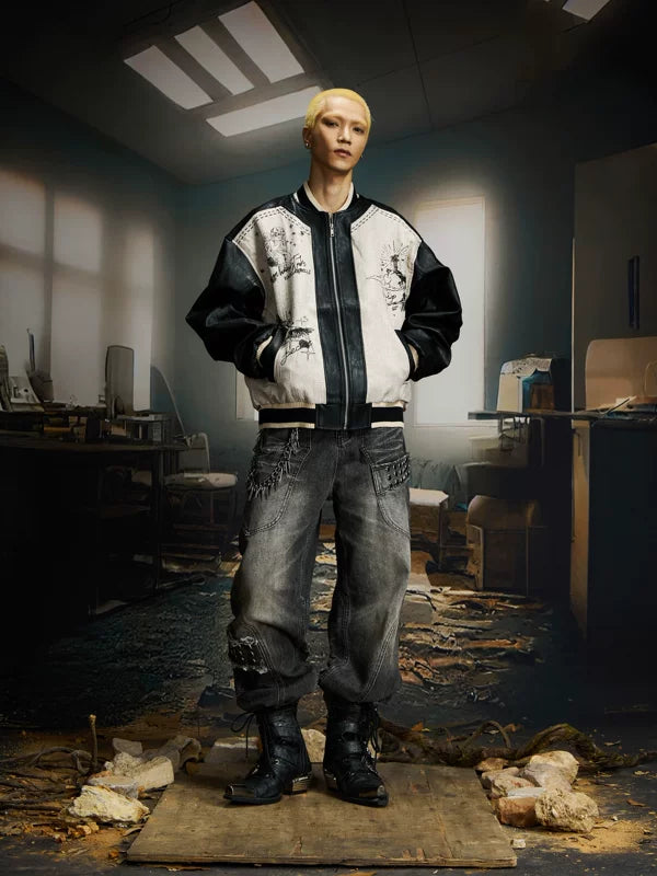 Graffiti Patchwork PU Baseball Jacket 5