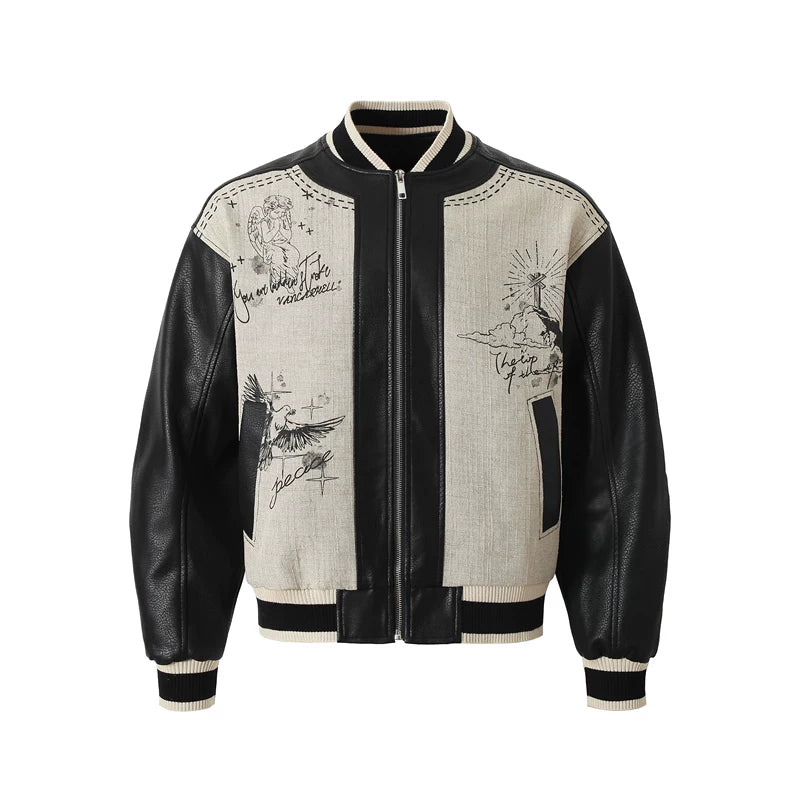 5950705681504,5950705681505,5950705681506,5950705681507, Graffiti Patchwork PU Baseball Jacket