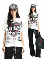 Graffiti Print Boxy Off-Shoulder T-Shirt 1