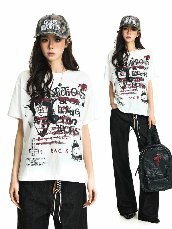 Graffiti Print Boxy Off-Shoulder T-Shirt 1
