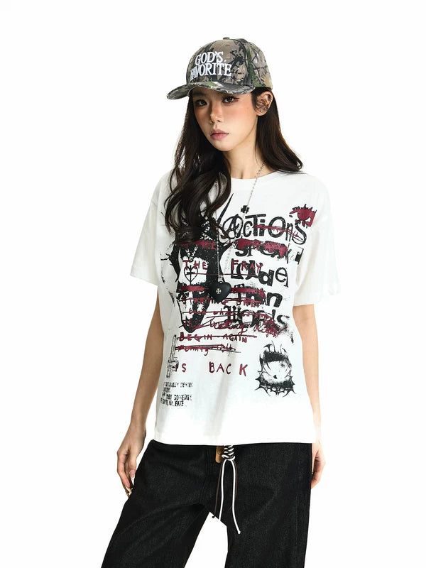 Graffiti Print Boxy Off-Shoulder T-Shirt 3