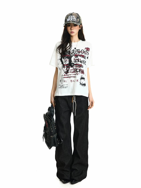 Graffiti Print Boxy Off-Shoulder T-Shirt 4