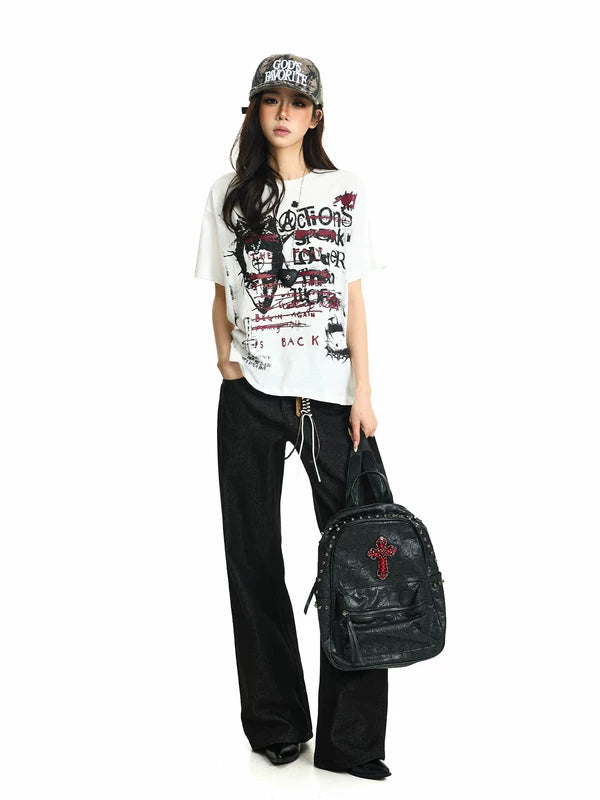 Graffiti Print Boxy Off-Shoulder T-Shirt 5