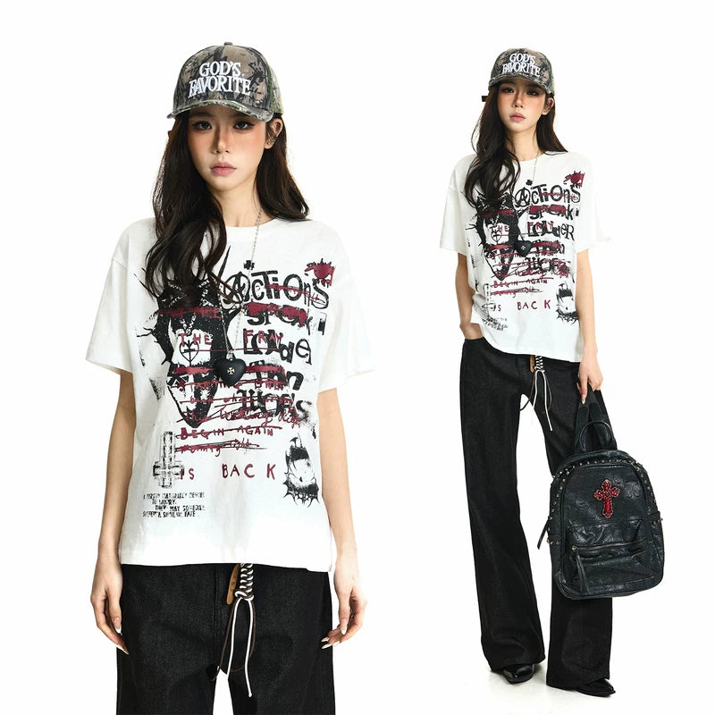 6202782214512,6202782214513,6202782214514,6202782214515, Graffiti Print Boxy Off-Shoulder T-Shirt