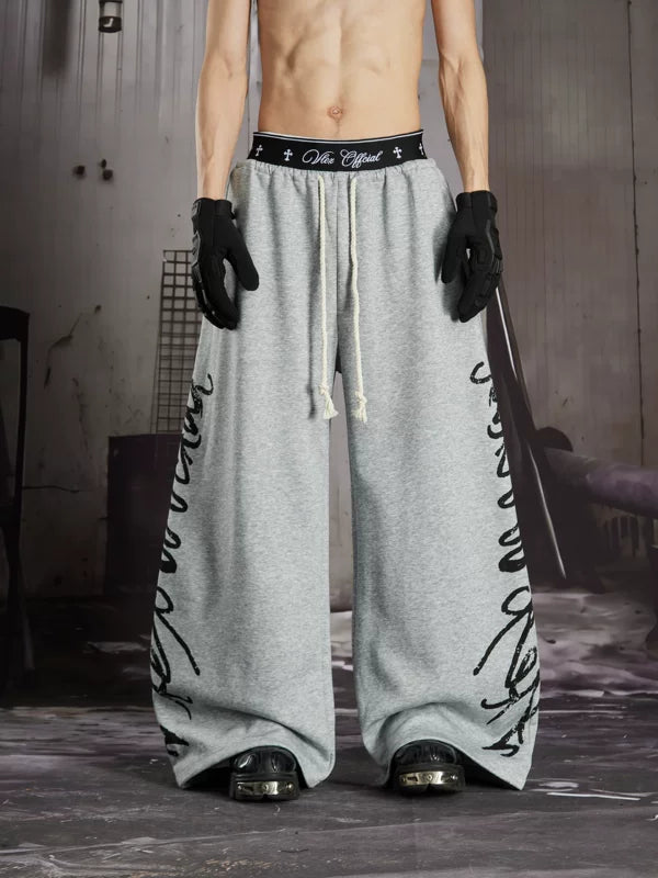 Graffiti Print Double Waistband Wide-Leg Pants 1