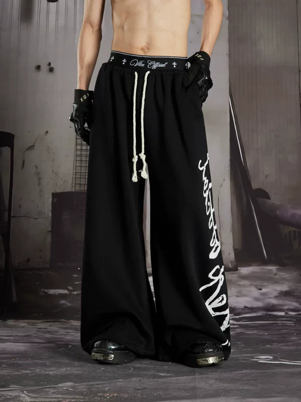 Graffiti Print Double Waistband Wide-Leg Pants 2